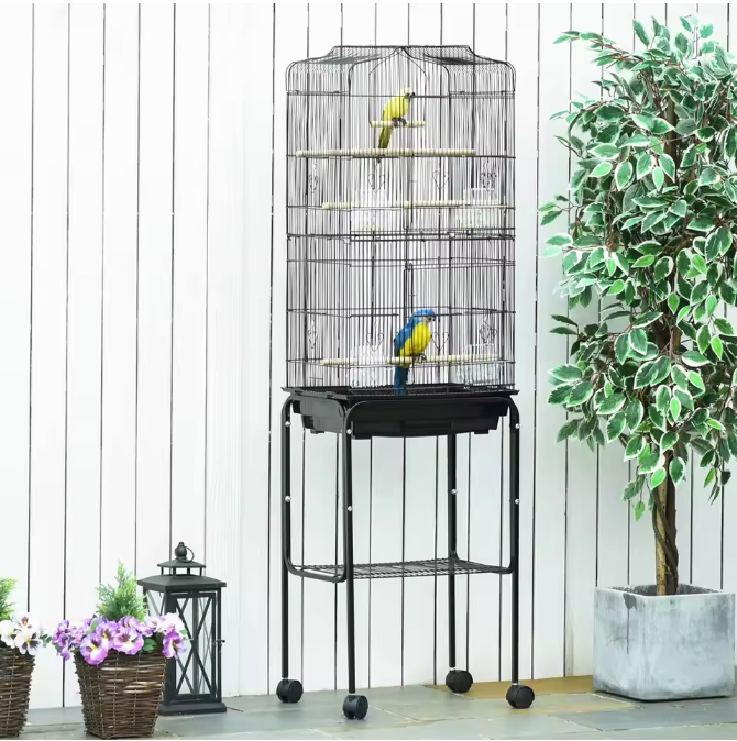 Staande Vogelkooi met Wielen en Opbergplank – Ruime Kooi met Zitstokken, Schommel en Voerbakken