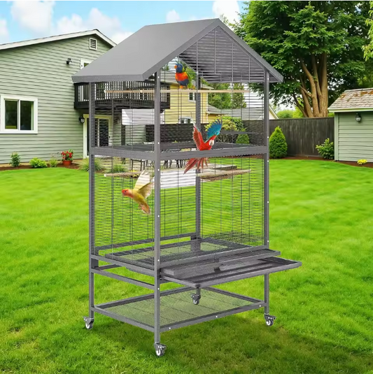Grote Vogelkooi met Wielen en Zitstokken – Ruime Papegaaienkooi met Lade en Voerbakken