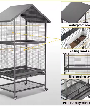 Grote Vogelkooi met Wielen en Zitstokken – Ruime Papegaaienkooi met Lade en Voerbakken