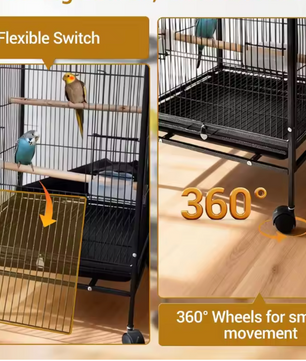 Staande Vogelkooi met Wielen en Rolstandaard – Grote Smeedijzeren Kooi voor Papegaaien en Parkieten