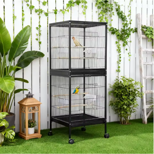 Stapelbare Vogelkooi met Rolstandaard en Zitstokken – Ruime Papegaaienkooi met Lade en Voerbakken