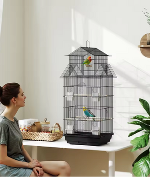 Metalen Vogelkooi met Zitstokken en Voerbakken – Huisvormige Kooi voor Kanaries, Parkieten en Vinken