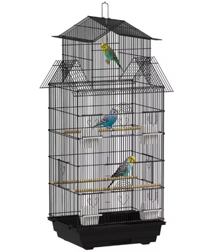 Metalen Vogelkooi met Zitstokken en Voerbakken – Huisvormige Kooi voor Kanaries, Parkieten en Vinken