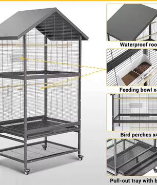 Grote Dubbellaagse Papegaaienkooi met Wielen – Stalen Vogelkooi met Zitstokken en Voerbakken