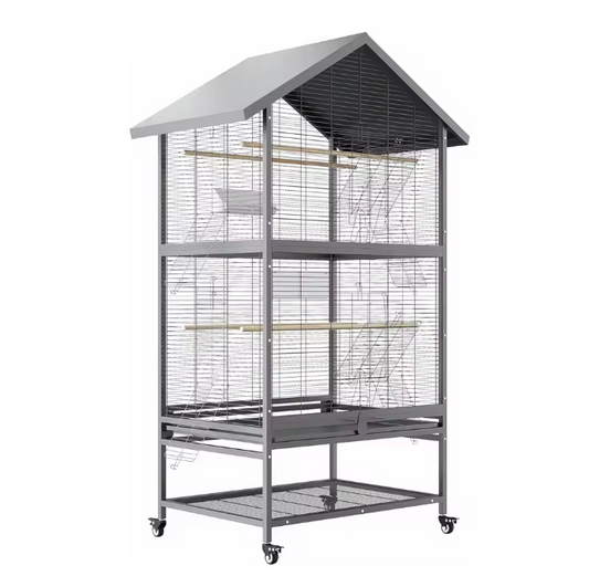 Grote Dubbellaagse Papegaaienkooi met Wielen – Stalen Vogelkooi met Zitstokken en Voerbakken
