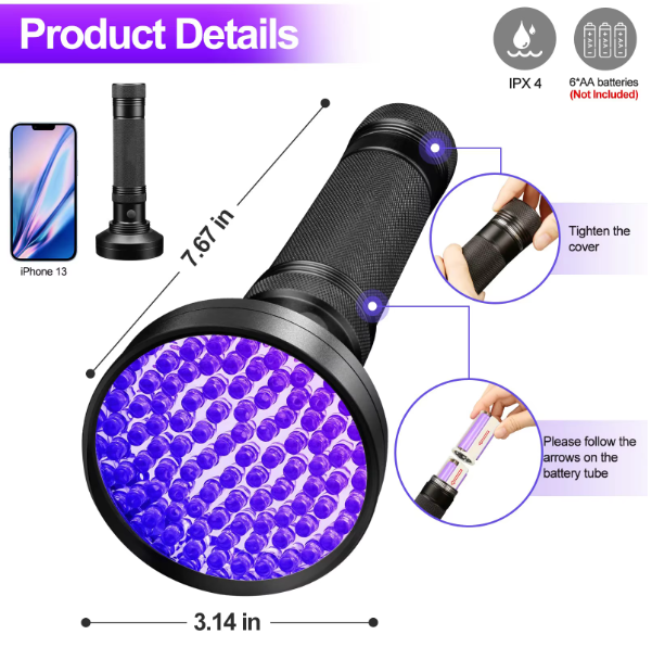 UV Zaklamp 100 LED – 395nm Ultraviolet Lamp voor Detectie en Inspectie