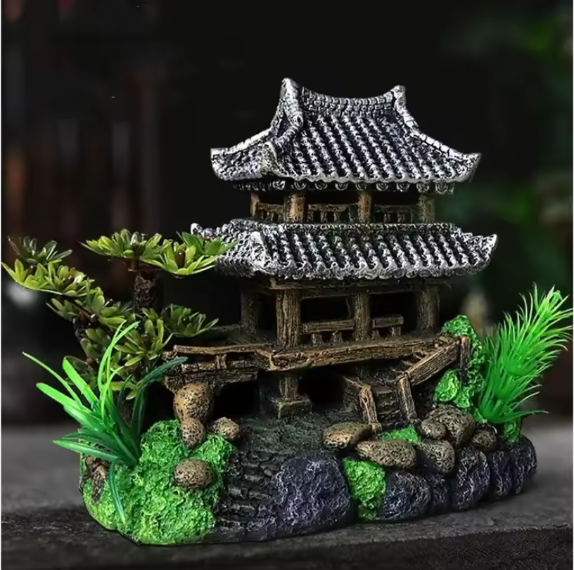Aquarium Decoratie Huisje met Brug – Resin Ornament voor Vissenkom en Aquarium