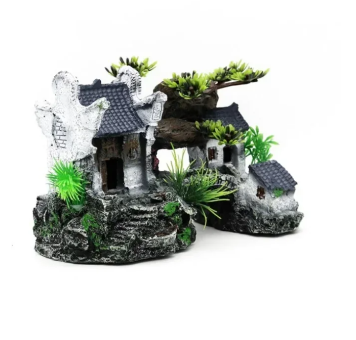 Aquarium Decoratie Huisje met Brug – Resin Ornament voor Vissenkom en Aquarium