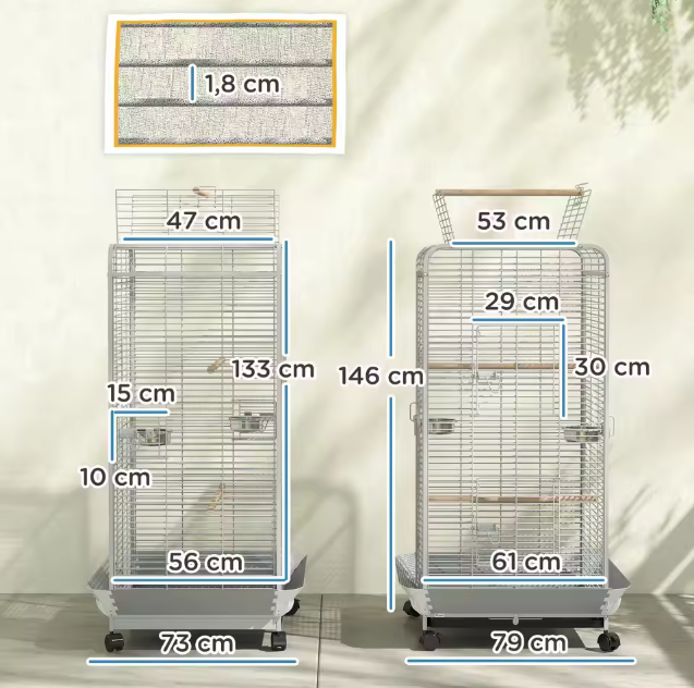 Papegaaienkooi met Wielen en Zitstokken – Vogelkooi met Voerbakken en Uitneembare Lade