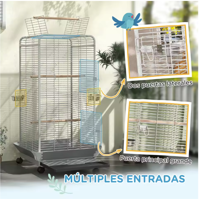 Papegaaienkooi met Wielen en Zitstokken – Vogelkooi met Voerbakken en Uitneembare Lade