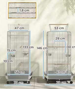 Grote Vogelkooi met Wielen en Zitstokken – Papegaaienkooi met Voerbakken en Lade