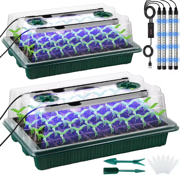 Set van 2 Startbakken voor Zaden met Ontkiemingsset – 80 Cellen, Hoge Koepel, 4 LED-Kweeklampen, Slimme Timer en 3 Lichtmodi