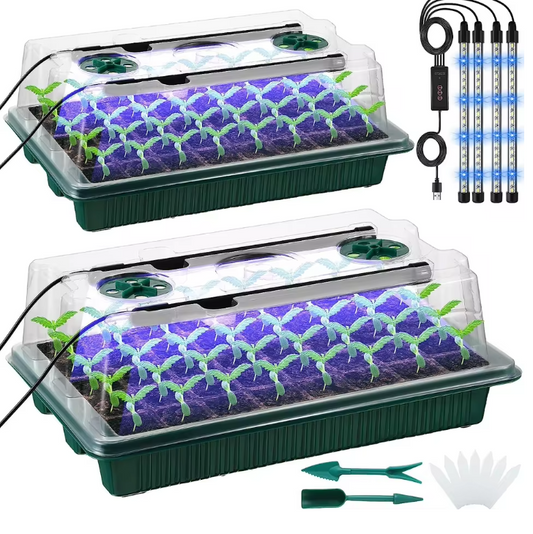 Set van 2 Startbakken voor Zaden met Ontkiemingsset – 80 Cellen, Hoge Koepel, 4 LED-Kweeklampen, Slimme Timer en 3 Lichtmodi