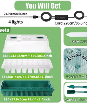 Set van 2 Startbakken voor Zaden met Ontkiemingsset – 80 Cellen, Hoge Koepel, 4 LED-Kweeklampen, Slimme Timer en 3 Lichtmodi