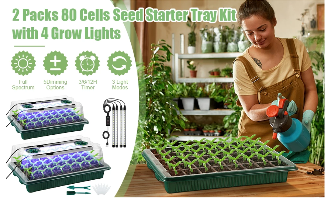 Set van 2 Startbakken voor Zaden met Ontkiemingsset – 80 Cellen, Hoge Koepel, 4 LED-Kweeklampen, Slimme Timer en 3 Lichtmodi