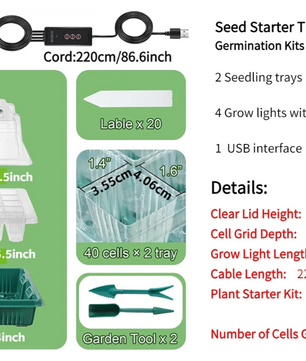 Set van 2 Startbakken voor Zaden met Ontkiemingsset – 80 Cellen, Hoge Koepel, 4 LED-Kweeklampen, Slimme Timer en 3 Lichtmodi