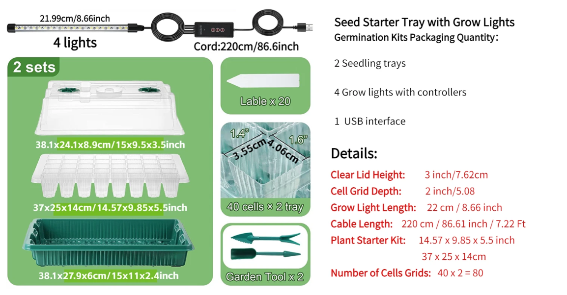 Set van 2 Startbakken voor Zaden met Ontkiemingsset – 80 Cellen, Hoge Koepel, 4 LED-Kweeklampen, Slimme Timer en 3 Lichtmodi
