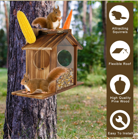 Houten Eekhoorn Voederhuis – Grote Voederbak met Dak voor Tuin