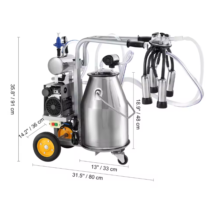 Elektrische Koe Melkmachine 25L – RVS Vacuüm Melker met Pulsatiesysteem en Kar