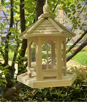 Hangend Houten Vogelhuis met Voeder- en Watersysteem – Decoratieve Vogelvoeder voor Tuin en Balkon