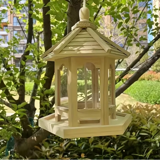 Hangend Houten Vogelhuis met Voeder- en Watersysteem – Decoratieve Vogelvoeder voor Tuin en Balkon