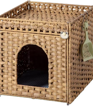 Verborgen Kattenbak Meubel – Handgeweven Rotan Kattenhuis met Mat en Opbergruimte