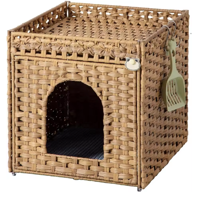 Verborgen Kattenbak Meubel – Handgeweven Rotan Kattenhuis met Mat en Opbergruimte