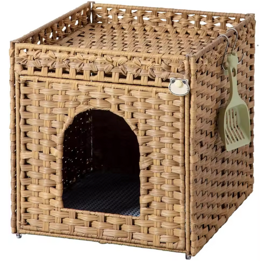 Verborgen Kattenbak Meubel – Handgeweven Rotan Kattenhuis met Mat en Opbergruimte