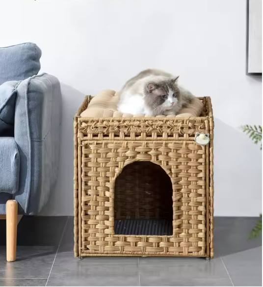 Verborgen Kattenbak Meubel – Handgeweven Rotan Kattenhuis met Mat en Opbergruimte