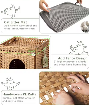 Verborgen Kattenbak Meubel – Handgeweven Rotan Kattenhuis met Mat en Opbergruimte