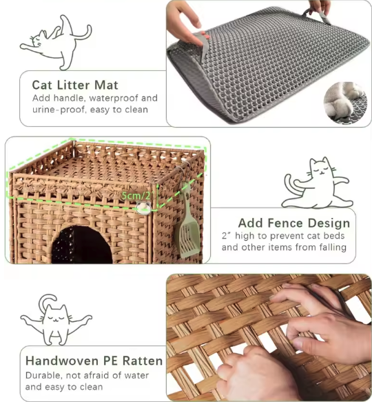 Verborgen Kattenbak Meubel – Handgeweven Rotan Kattenhuis met Mat en Opbergruimte