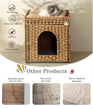 Verborgen Kattenbak Meubel – Handgeweven Rotan Kattenhuis met Mat en Opbergruimte