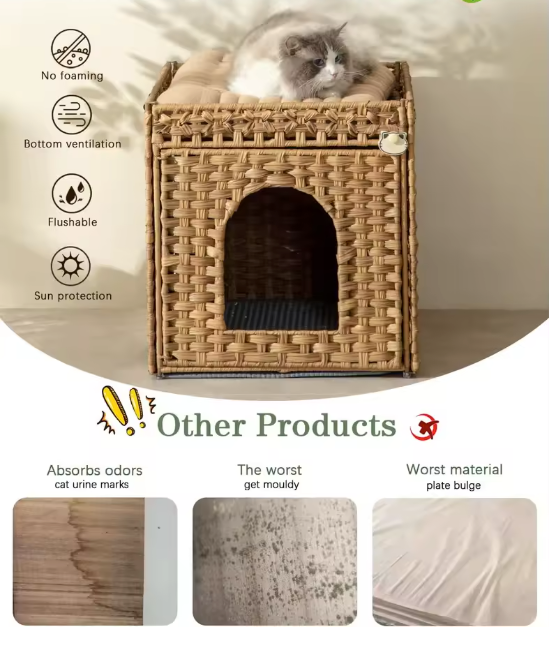 Verborgen Kattenbak Meubel – Handgeweven Rotan Kattenhuis met Mat en Opbergruimte