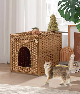 Verborgen Kattenbak Meubel – Handgeweven Rotan Kattenhuis met Mat en Opbergruimte