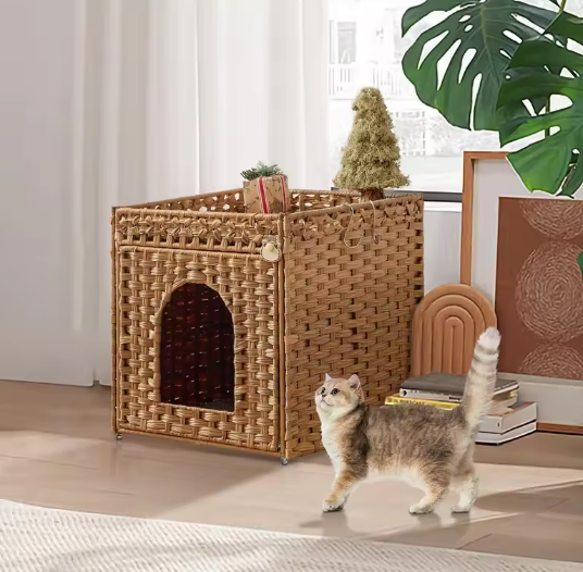 Verborgen Kattenbak Meubel – Handgeweven Rotan Kattenhuis met Mat en Opbergruimte