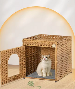 Verborgen Kattenbak Meubel – Handgeweven Rotan Kattenhuis met Mat en Opbergruimte