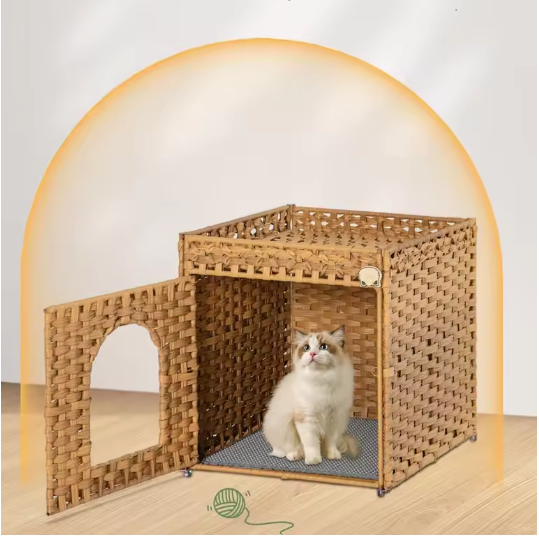 Verborgen Kattenbak Meubel – Handgeweven Rotan Kattenhuis met Mat en Opbergruimte
