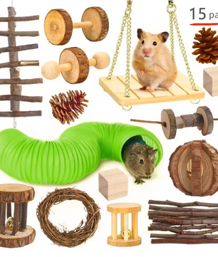 Houten Kauwspeelgoed Set voor Konijnen en Knaagdieren – Natuurlijk Speelgoed voor Kleine Dieren