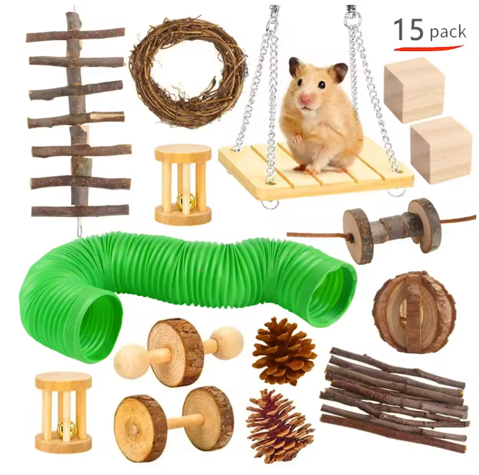 Houten Kauwspeelgoed Set voor Konijnen en Knaagdieren – Natuurlijk Speelgoed voor Kleine Dieren