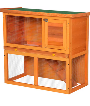 Houten Konijnenhok met 2 Verdiepingen – Konijnenkooi met Oprit en Schoonmaaklade