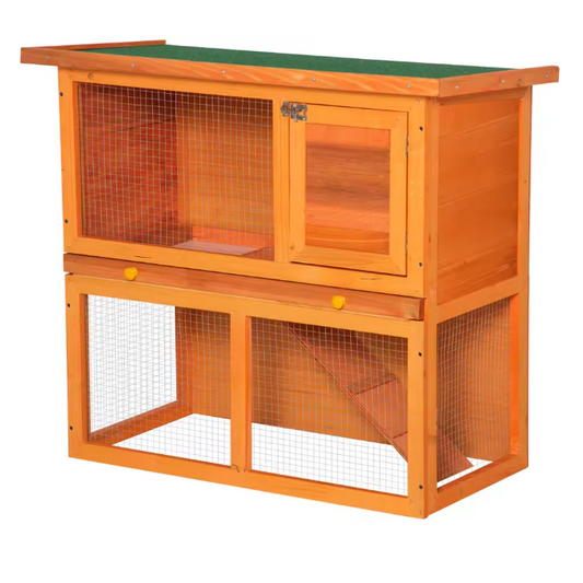 Houten Konijnenhok met 2 Verdiepingen – Konijnenkooi met Oprit en Schoonmaaklade