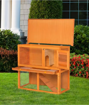 Houten Konijnenhok met 2 Verdiepingen – Konijnenkooi met Oprit en Schoonmaaklade