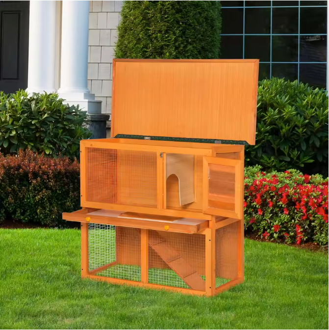 Houten Konijnenhok met 2 Verdiepingen – Konijnenkooi met Oprit en Schoonmaaklade