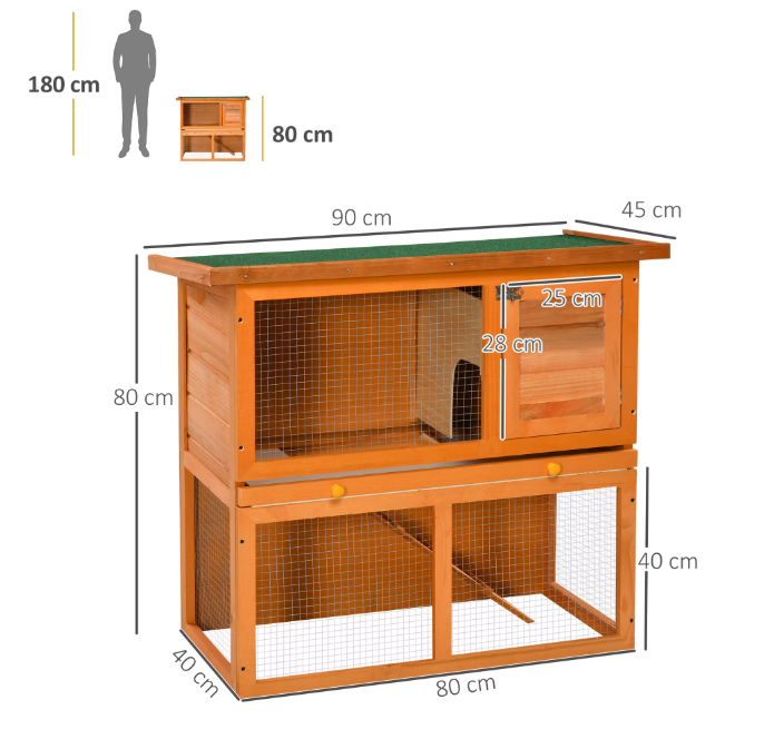 Houten Konijnenhok met 2 Verdiepingen – Konijnenkooi met Oprit en Schoonmaaklade