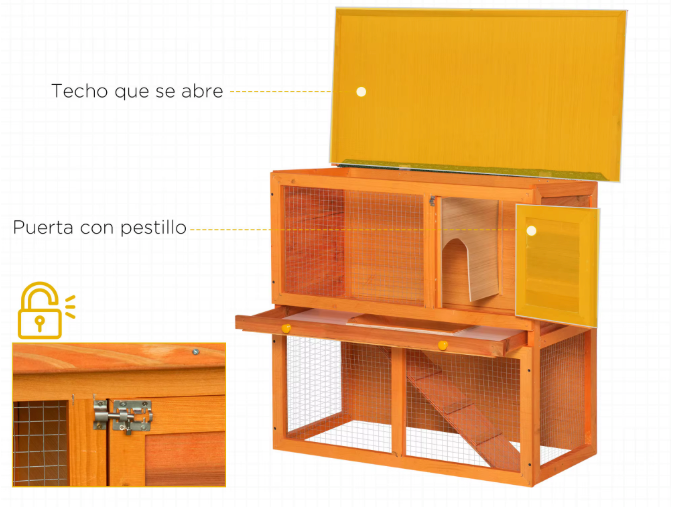 Houten Konijnenhok met 2 Verdiepingen – Konijnenkooi met Oprit en Schoonmaaklade