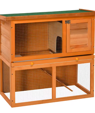 Houten Konijnenhok met 2 Verdiepingen – Konijnenkooi met Oprit en Schoonmaaklade