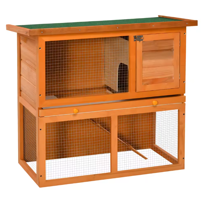 Houten Konijnenhok met 2 Verdiepingen – Konijnenkooi met Oprit en Schoonmaaklade