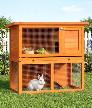 Houten Konijnenhok met 2 Verdiepingen – Konijnenkooi met Oprit en Schoonmaaklade