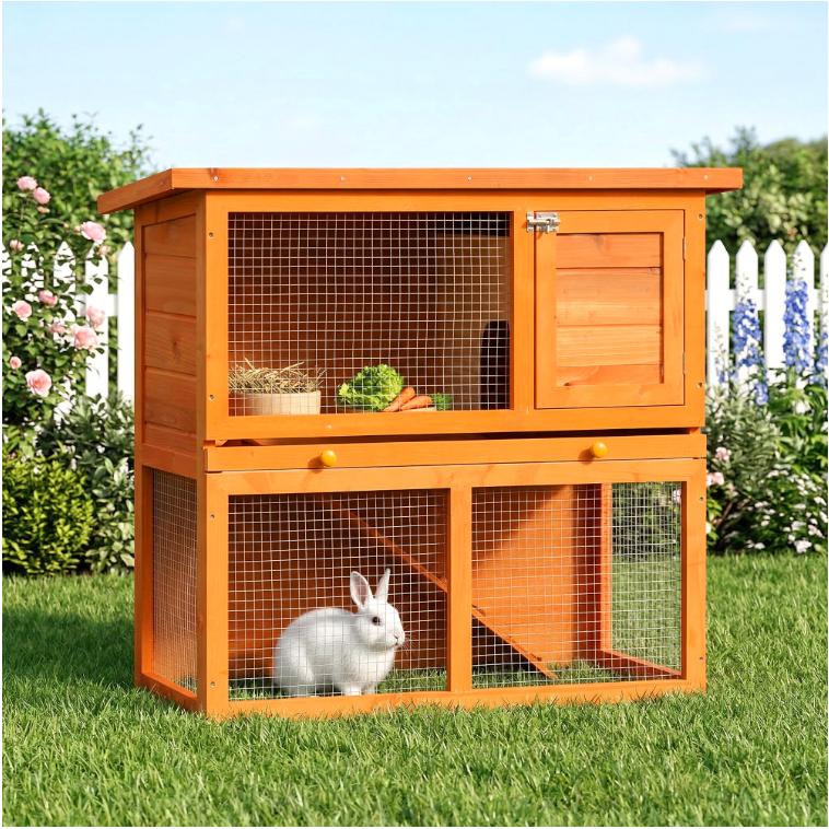 Houten Konijnenhok met 2 Verdiepingen – Konijnenkooi met Oprit en Schoonmaaklade
