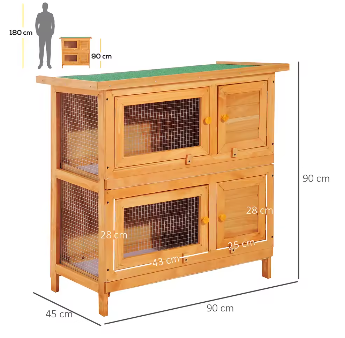 Houten Konijnenhok 2 Verdiepingen – Buitenverblijf met Dak en Schoonmaakladen